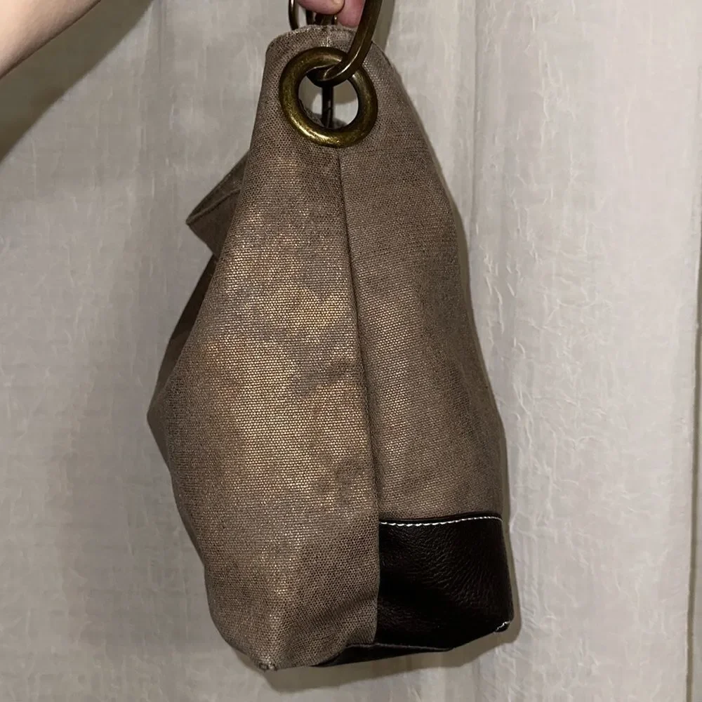 Braciano Metallic Canvas Tan Brown Leather Combo Hobo Shoulder Bag Purse